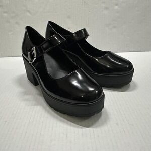 GB Mary Jane Platform Heel Shoes Womens 8.5 Shiny Black Block Lug Sole Y2K